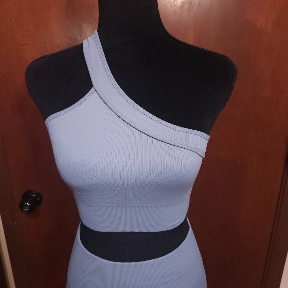 One-Shoulder Ribbed Light Blue Leggings Set